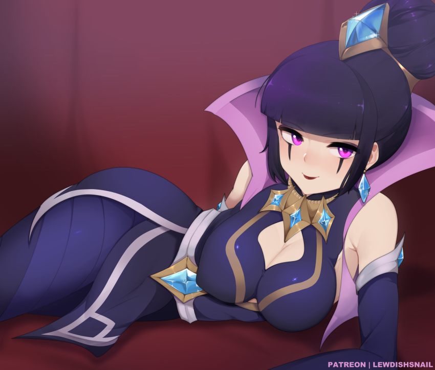 armpit_peek blush breasts championship_leblanc covered_nipples highres large_breasts league_of_legends leblanc_(league_of_legends) lewdishsnail looking_at_viewer lying on_side purple_hair smirk violet_eyes