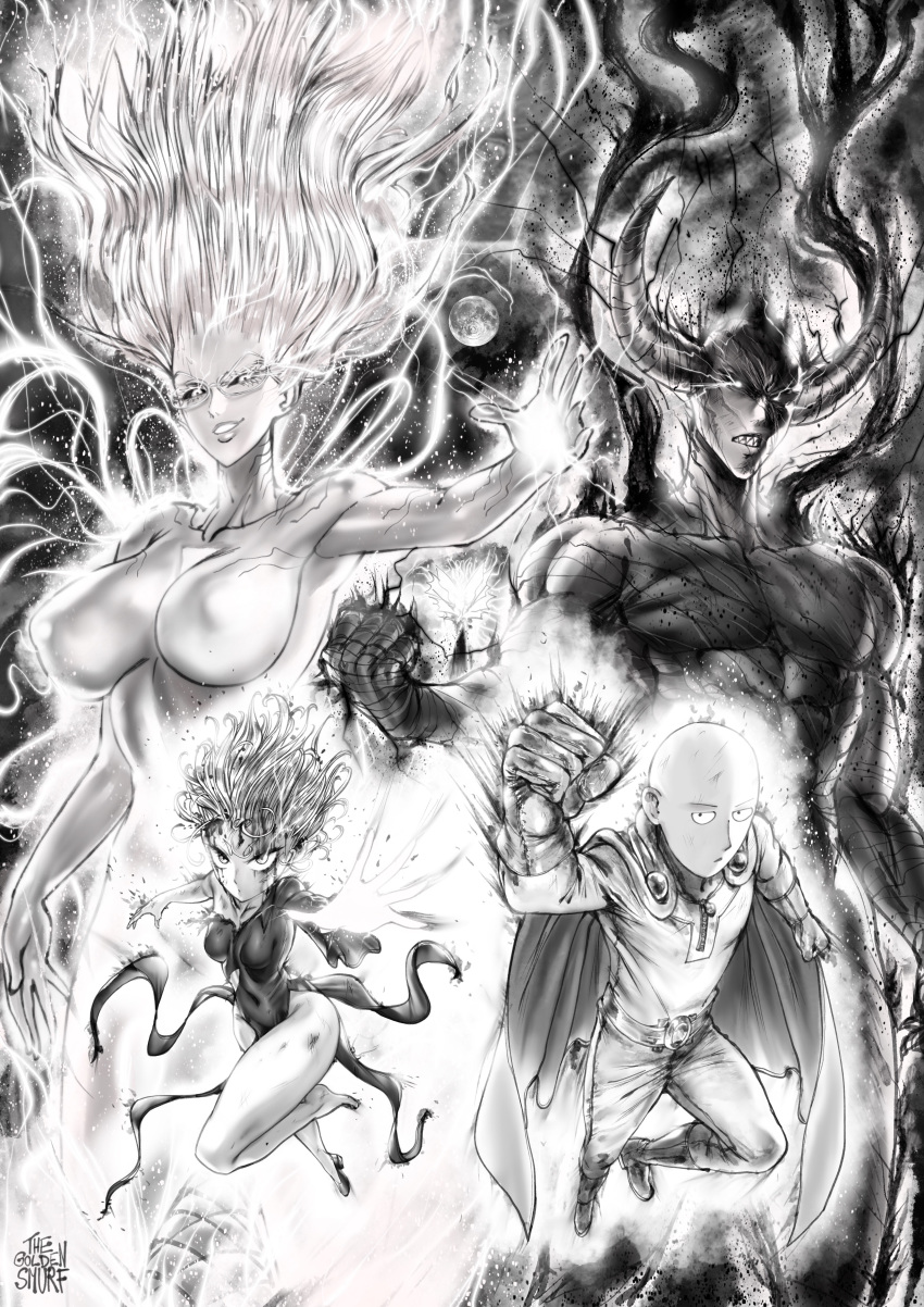 2boys 2girls absurdres aura bald belt blood blood_on_face bodysuit boots breasts bruise cape clenched_hand closed_mouth commentary covered_navel covered_nipples debris demon dress english_commentary floating_hair flying garou_(one-punch_man) glasses gloves glowing greyscale grin high_heels highres horns injury jitome large_breasts long_hair looking_at_viewer medium_breasts monochrome multiple_boys multiple_girls navel one-punch_man pants pelvic_curtain psychos reaching_out saitama_(one-punch_man) sanpaku shoes short_hair signature single_shoe smile sparks superhero tatsumaki the_golden_smurf torn_clothes