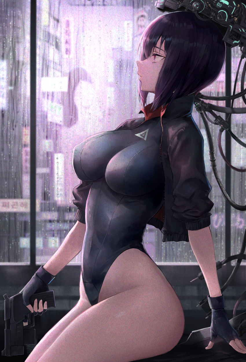 1girl absurdres android backlighting bare_hips black_gloves black_jacket black_leotard breasts cable closed_mouth commentary_request cropped_jacket fingerless_gloves from_side ghost_in_the_shell gloves gun highleg highleg_leotard highres holding holding_gun holding_weapon impossible_clothes impossible_leotard indoors jacket kusanagi_motoko large_breasts leotard open_clothes open_jacket pigonhae profile purple_hair rain short_hair short_sleeves sitting solo thighs trigger_discipline violet_eyes weapon window