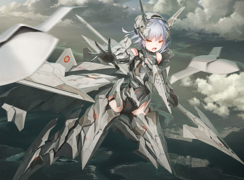 1girl ace_combat_7 adf-11f_raven aircraft airplane bangs bodysuit clouds cloudy_sky commentary_request fighter_jet flying full_body headgear highres holding holding_spear holding_weapon jet looking_at_viewer mecha_musume military military_vehicle open_mouth orange_eyes outdoors outstretched_arm personification polearm short_hair silver_hair sky solo spear tom-neko_(zamudo_akiyuki) weapon
