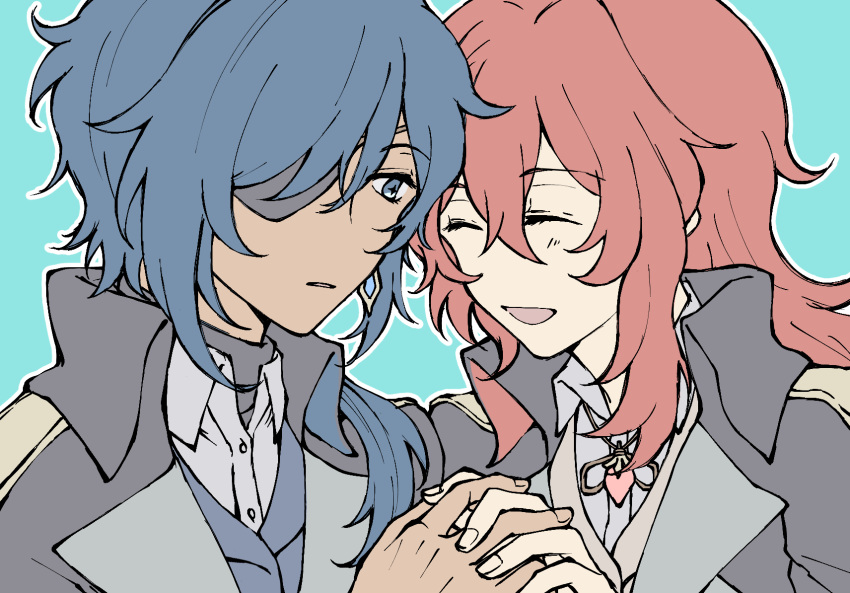 2boys ^_^ aqua_background bare_shoulders blue_eyes blue_hair border closed_eyes collared_shirt couple dark_skin diluc_(genshin_impact) eyebrows_visible_through_hair eyepatch facing_another genshin_impact hair_between_eyes hair_over_one_eye hair_over_shoulder highres holding_hands incest interlocked_fingers jacket jewelry kaeya_(genshin_impact) long_hair looking_at_another multiple_boys necklace open_mouth redhead shirt sidelocks simple_background single_earring smile star-shaped_pupils star_(symbol) step-siblings symbol-shaped_pupils task_emmm upper_body white_border yaoi