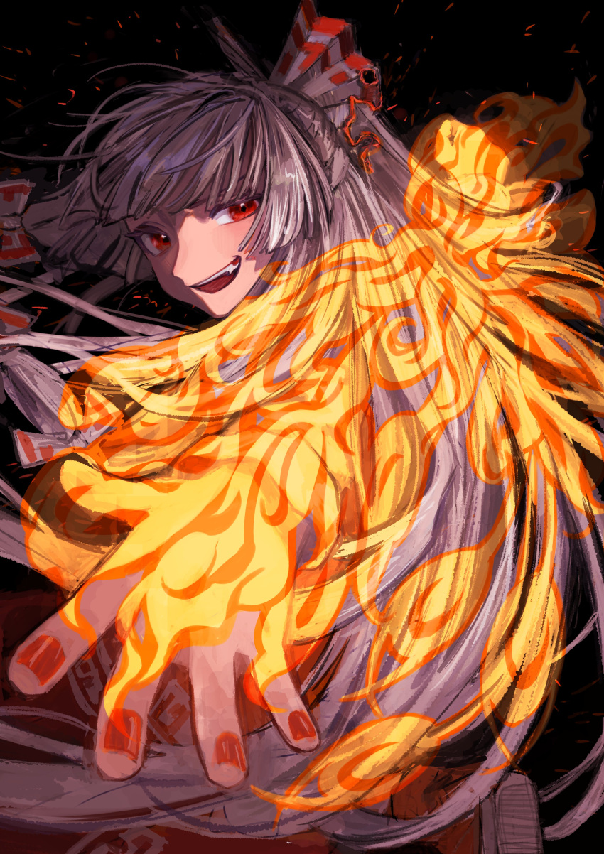 1girl absurdres bangs black_background commentary_request fang fiery_wings fire flaming_hand floating floating_hair fujiwara_no_mokou grin highres long_hair long_sleeves looking_at_viewer nail_polish ofuda ofuda_on_clothes open_mouth pants puffy_pants pyrokinesis red_eyes red_nails red_pants shirt sidelocks smile soles solo suspenders teeth teruteru_(teru_teru) touhou two-tone_bow upper_body upper_teeth very_long_hair white_hair white_shirt wings wrist_cuffs