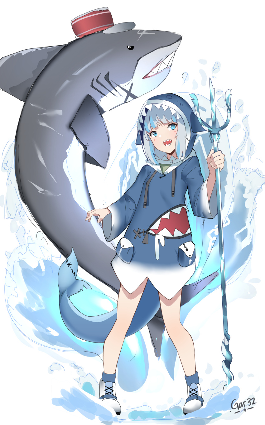 1girl :d absurdres animal artist_name blue_eyes blue_hair blue_hoodie blue_legwear commentary_request full_body gar32 gawr_gura grey_hair highres holding hololive hololive_english hood hood_up hoodie long_sleeves multicolored_hair open_mouth polearm shark shoes signature smile socks solo standing streaked_hair tail trident virtual_youtuber water weapon white_background white_footwear wide_sleeves