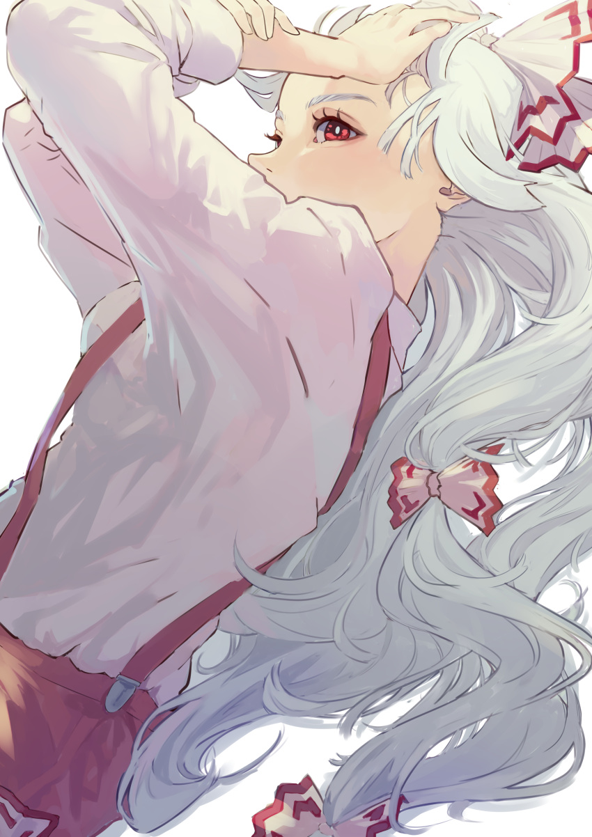 absurdres chishibuki_hiyoko close-up dutch_angle eyebrows eyelashes floating_hair fujiwara_no_mokou hair_ribbon highres long_hair pose red_eyes ribbon silver_hair solo suspenders touhou tress_ribbon very_long_hair white_background