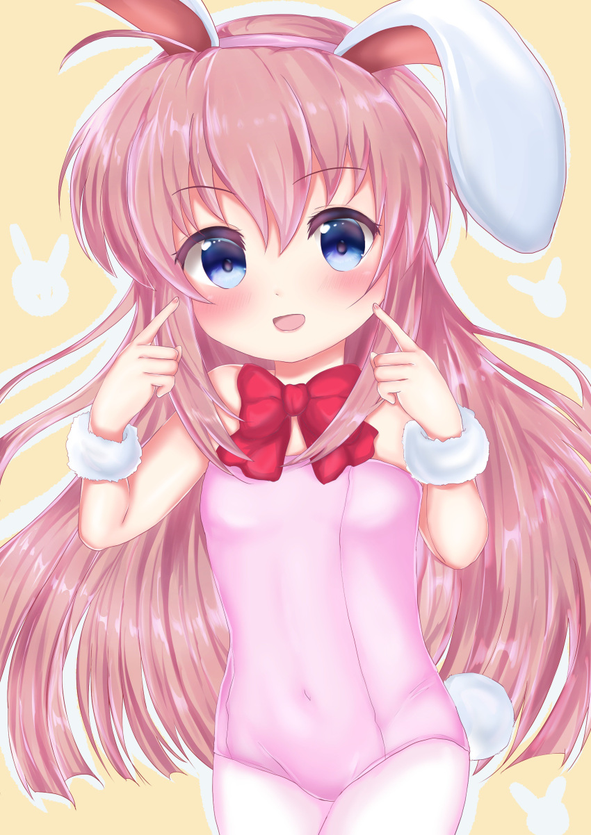 1girl absurdres animal_ears artist_request asakura_maina bare_shoulders blush bunny_girl bunny_tail bunnysuit fake_animal_ears hairband hajimete_no_oisha-san highres leotard long_hair open_mouth pantyhose pink_hair pink_leotard pointing pointing_at_self rabbit_ears smile solo strapless strapless_leotard tail white_legwear wrist_cuffs