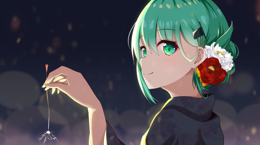 1girl alternate_costume alternate_hairstyle close-up closed_mouth fireworks flower green_eyes green_hair hair_flower hair_ornament hairclip holding kantai_collection red_flower smile solo sparkler suzuya_(kantai_collection) ton_ton_tontoro white_flower