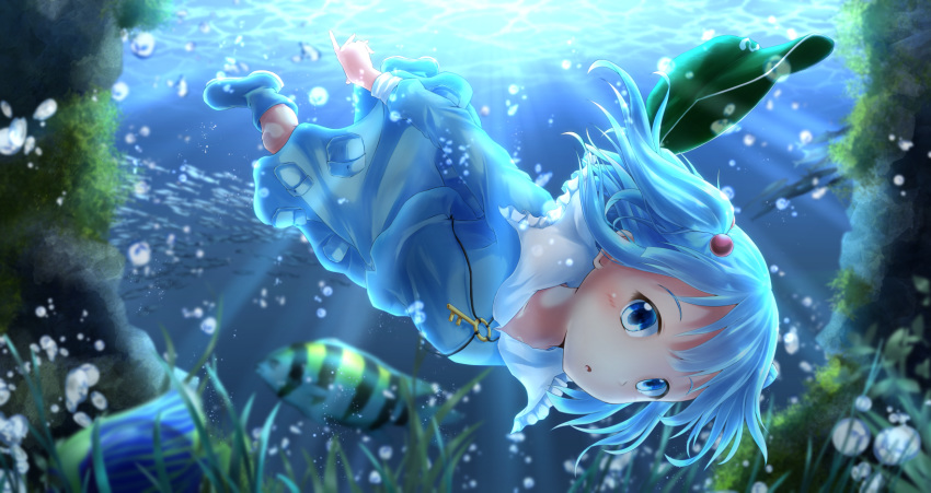 1girl :o air_bubble algae bangs blue_eyes blue_footwear blue_hair blue_shirt blue_skirt blush boots bubble commentary_request fish flat_cap freediving green_headwear hair_bobbles hair_ornament hat hat_loss highres kawashiro_nitori key light_rays long_sleeves looking_at_viewer nogiguchi rubber_boots shirt skirt solo sunbeam sunlight touhou two_side_up underwater