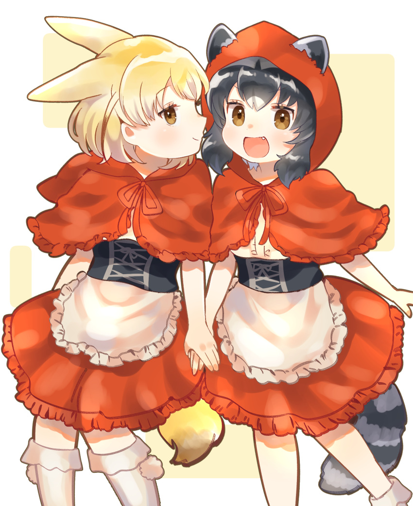 2girls animal_ears apron black_corset blonde_hair capelet commentary_request common_raccoon_(kemono_friends) corset dress eyebrows_visible_through_hair fang fennec_(kemono_friends) fox_ears fox_girl fox_tail frilled_dress frills fur_trim grey_hair highres hood hood_down hood_up kemono_friends little_red_riding_hood multicolored_hair multiple_girls open_mouth raccoon_ears raccoon_girl raccoon_tail red_capelet red_dress red_fur red_hood short_hair suicchonsuisui tail white_apron white_hair