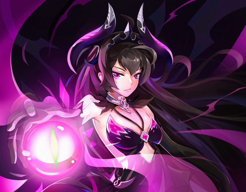 1girl absurdres black_hair energy_ball epic7 flat_chest floating_hair highres huge_filesize long_hair looking_at_viewer open_hand solo tdh123 tenebria violet_eyes