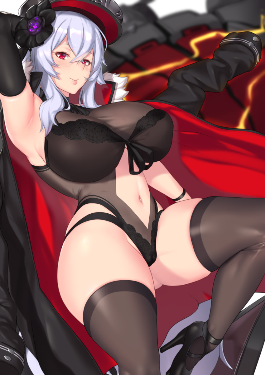 1girl arm_up armpits aster_crowley azur_lane bangs black_gloves black_legwear black_swimsuit breasts casual_one-piece_swimsuit crossed_bangs elbow_gloves flower gloves graf_zeppelin_(azur_lane) graf_zeppelin_(beachside_urd)_(azur_lane) hair_flower hair_ornament hat high_heels highres impossible_clothes impossible_swimsuit jacket large_breasts leg_up long_hair looking_at_viewer navel navel_cutout one-piece_swimsuit open_clothes open_jacket peaked_cap red_eyes smile solo swimsuit taut_clothes taut_swimsuit thigh-highs white_hair