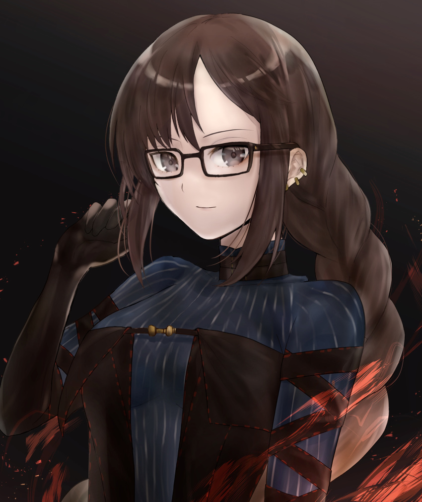 1girl absurdres aikawa18 bangs black_background black_dress braid breasts brown_eyes brown_hair choker consort_yu_(fate) dress ear_piercing earrings fate/grand_order fate_(series) glasses gloves highres jewelry long_hair looking_at_viewer piercing smile solo very_long_hair