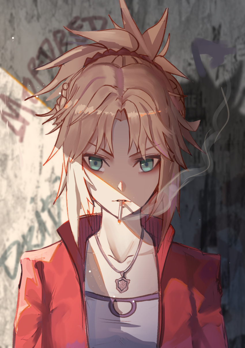 1girl absurdres bangs blonde_hair braid breasts cigarette drid eyebrows_visible_through_hair fate/apocrypha fate/grand_order fate_(series) green_eyes hair_ornament hair_scrunchie highres jacket jewelry looking_at_viewer mordred_(fate) mordred_(fate)_(all) necklace open_mouth ponytail red_scrunchie scrunchie small_breasts smoke solo