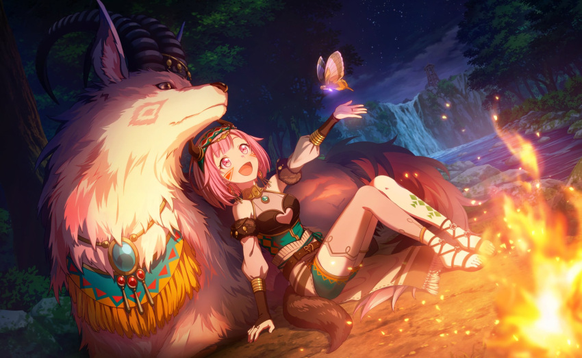 1girl animal animal_tail blush bug butterfly campfire clothing_request dress fire forest gladiator_sandals horns nature night night_sky official_art ootori_emu open_mouth pink_eyes pink_hair project_sekai sandals short_hair sitting sky smile solo star_(sky) starry_sky tree water