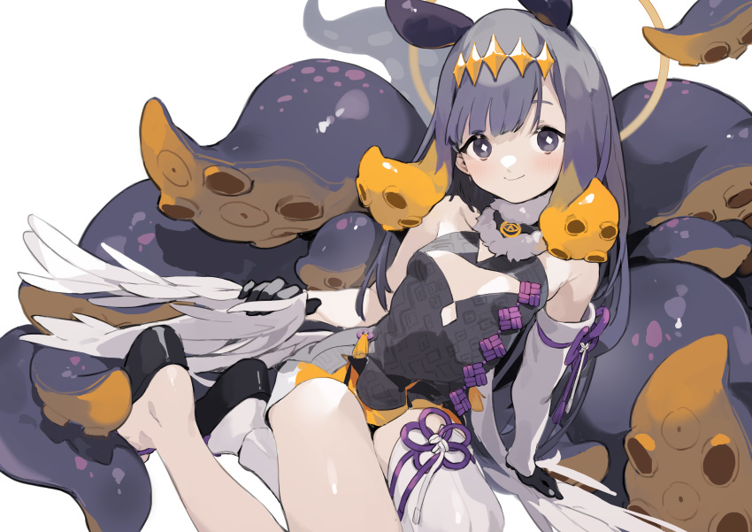 1girl absurdres bangs black_eyes black_footwear black_gloves black_hair blush cleavage_cutout closed_mouth feathered_wings feathers gloves halo highres hololive hololive_english long_hair low_wings ninomae_ina'nis sh_(562835932) simple_background sitting smile solo tentacles white_background white_legwear wings