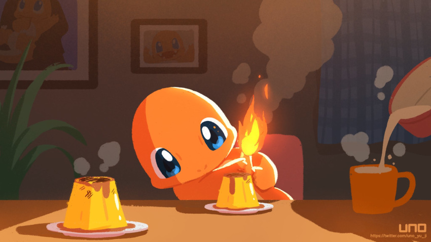 artist_name blue_eyes chair charmander commentary_request cup dessert fire flame food gen_1_pokemon highres indoors looking_down mug mundane_utility photo_(object) plate pokemon pokemon_(creature) pouring starter_pokemon steam table uno_yuuji watermark web_address