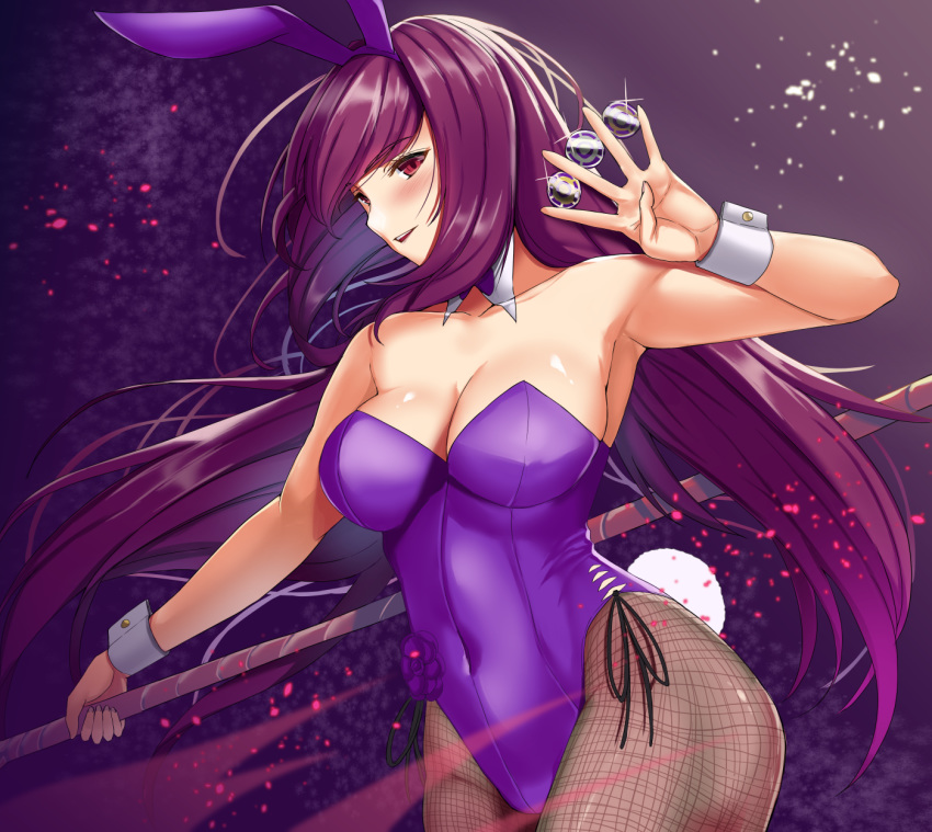 1girl animal_ears bangs blush breasts bunny_tail bunnysuit coin commentary_request covered_navel detached_collar fake_animal_ears fate/grand_order fate_(series) fishnet_legwear fishnets gae_bolg gradient gradient_background hair_between_eyes highleg highleg_leotard highres large_breasts leotard long_hair looking_at_viewer open_mouth pantyhose polearm purple_background purple_hair purple_leotard rabbit_ears red_eyes scathach_(fate)_(all) scathach_(fate/grand_order) smile spear tail thighs weapon wrist_cuffs yuhica