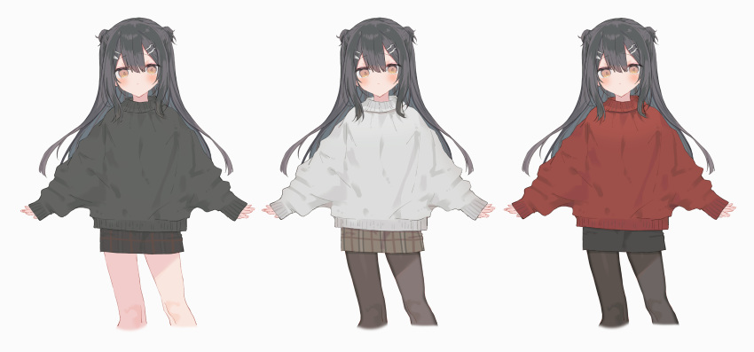 1girl absurdres bangs black_hair black_legwear black_skirt black_sweater blush brown_eyes brown_skirt closed_mouth cropped_legs eyebrows_visible_through_hair fate/kaleid_liner_prisma_illya fate_(series) grey_background grey_sweater hair_between_eyes hair_ornament hairclip highres long_hair long_sleeves looking_at_viewer miyu_edelfelt multiple_views pantyhose pleated_skirt red_sweater simple_background skirt sleeves_past_wrists sweater tomo_(ryo_i_so_) two_side_up very_long_hair