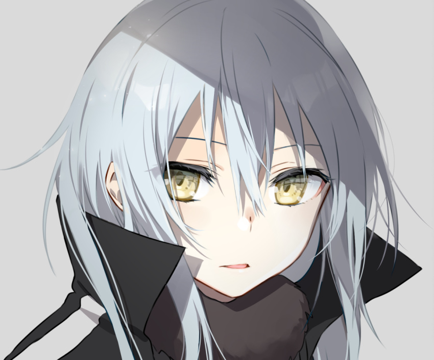 1other androgynous bangs blue_hair fur fur_collar fur_trim hair_between_eyes long_hair looking_at_viewer mikoto_kei open_mouth rimuru_tempest simple_background solo tensei_shitara_slime_datta_ken yellow_eyes