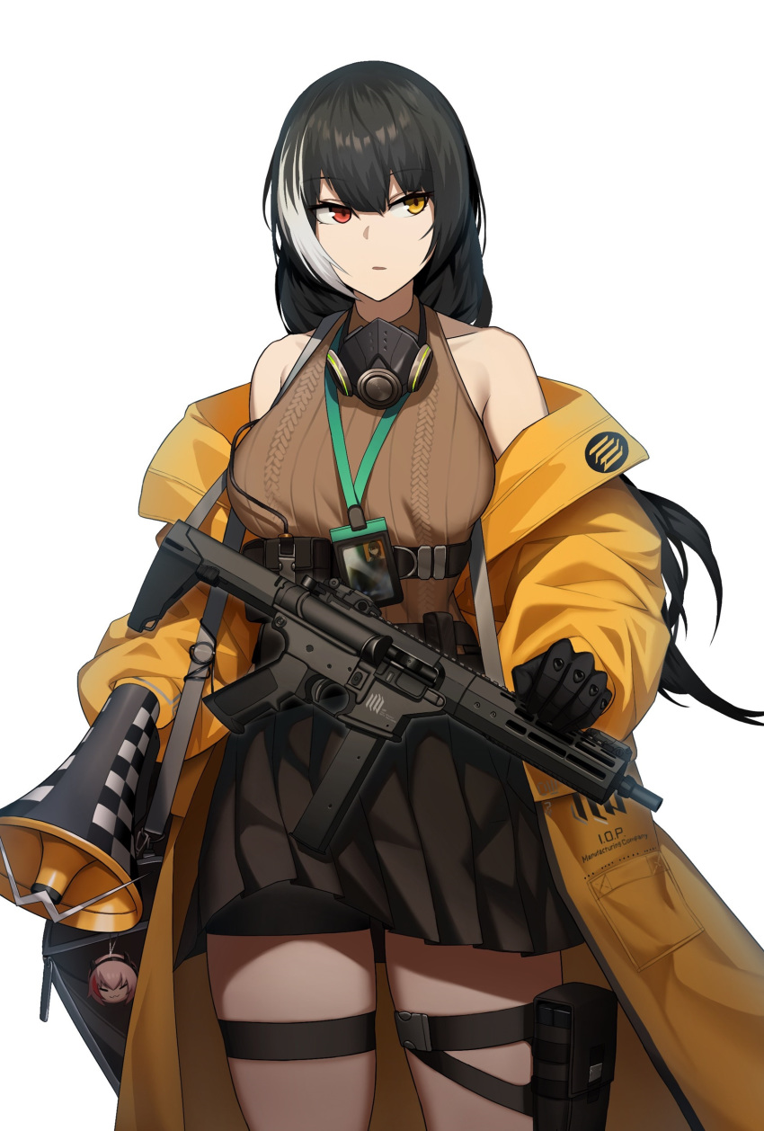 1girl absurdres bangs black_hair breasts carrying_bag cero_(last2stage) collarbone expressionless eyebrows_visible_through_hair gas_mask girls_frontline gloves gun heterochromia highres id_card jacket lanyard large_breasts m4_sopmod_ii_jr mask_around_neck megaphone mod3_(girls_frontline) multicolored_hair noveske_space_invader red_eyes ro635_(girls_frontline) sidelocks simple_background skirt sleeveless_sweater solo streaked_hair submachine_gun thigh_pouch thighs weapon white_background white_hair yellow_eyes yellow_jacket