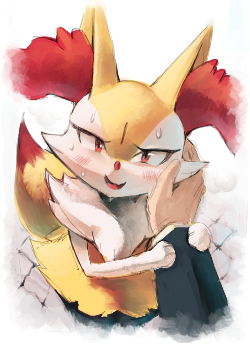 :d ambiguous_gender animal_ear_fluff animal_ears arm_grab blush border braixen commentary dripping english_commentary fever fox_ears fox_tail from_above fur fur_collar furrowed_eyebrows gen_6_pokemon hand_on_another's_cheek hand_on_another's_face height_difference highres legs_together long_sleeves looking_at_viewer looking_up open_mouth paws pokemon pokemon_(creature) pov pov_hands red_eyes shirt short_hair simple_background size_difference smile sweat tail tongue whimsical_heart white_border white_fur white_shirt yellow_fur