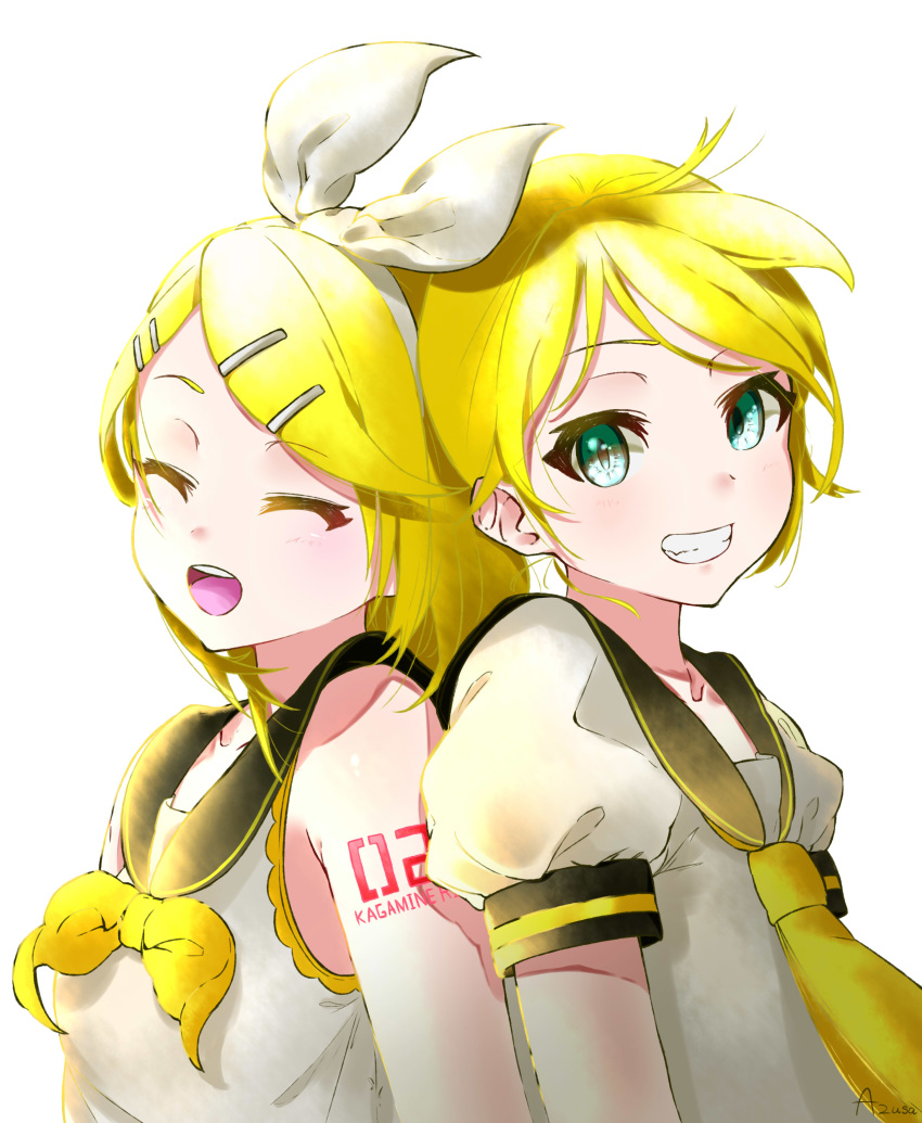 1boy 1girl absurdres aqua_eyes azusa_(azunyan12) back-to-back bangs bare_shoulders black_collar blonde_hair bloom bow collar commentary facing_viewer grin hair_bow hair_ornament hairclip highres kagamine_len kagamine_rin looking_at_viewer neckerchief necktie sailor_collar school_uniform shirt short_hair short_sleeves shoulder_tattoo sidelighting sleeveless sleeveless_shirt smile swept_bangs tattoo upper_body vocaloid white_background white_bow white_shirt yellow_neckwear