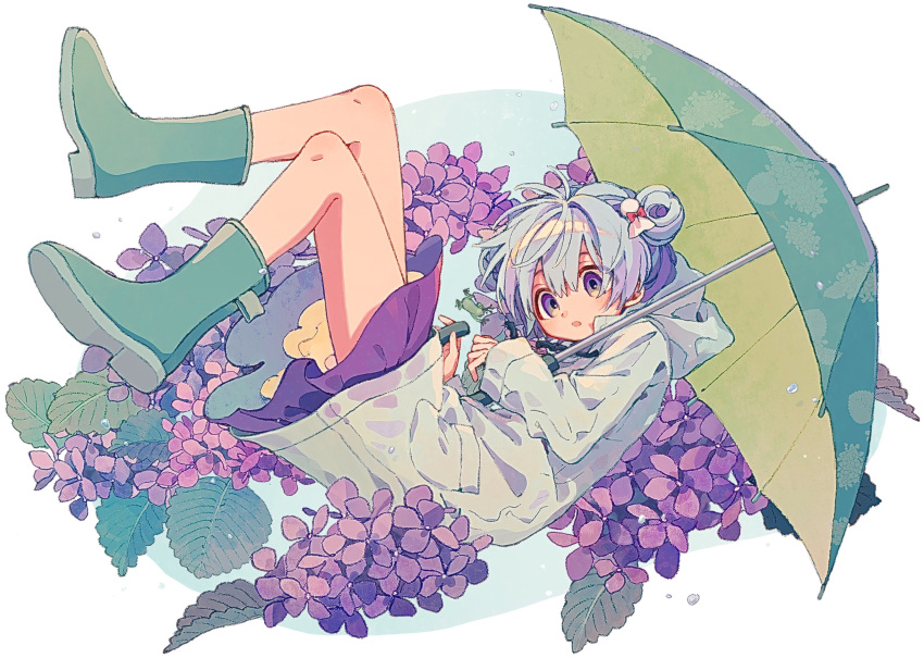 1girl absurdres blue_hair boots bow flower hair_bow hair_bun highres hood hydrangea ka_(marukogedago) miniskirt open_mouth original raincoat rubber_boots skirt solo umbrella violet_eyes