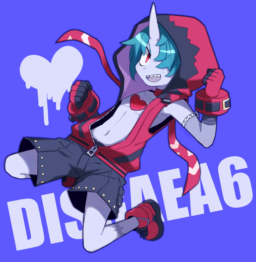 1boy absurdres black_shorts blue_background blue_skin blush choker clenched_hands collarbone copyright_name disgaea disgaea_6 full_body hair_over_one_eye highres himawari_(kawaisounaedesu) hood hood_up horns jumping looking_at_viewer male_focus navel red_choker red_eyes red_footwear red_hoodie sharp_teeth shoes shorts simple_background single_horn skin-covered_horns sleeveless smile solo teeth zed_(disgaea) zipper_pull_tab zombie