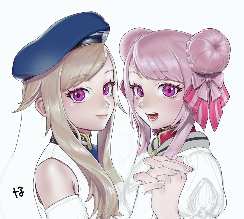 2girls blonde_hair close-up double_bun fang hat highres himehina_channel holding_hands looking_at_viewer multiple_girls nanja open_mouth pink_hair sketch suzuki_hina tanaka_hime violet_eyes virtual_youtuber