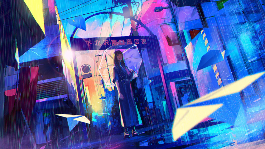 1girl belt black_eyes black_hair closed_mouth colorful dress dutch_angle highres holding holding_umbrella long_dress long_hair looking_at_viewer original outdoors rain shoes smile solo standing transparent transparent_umbrella umbrella wataboku