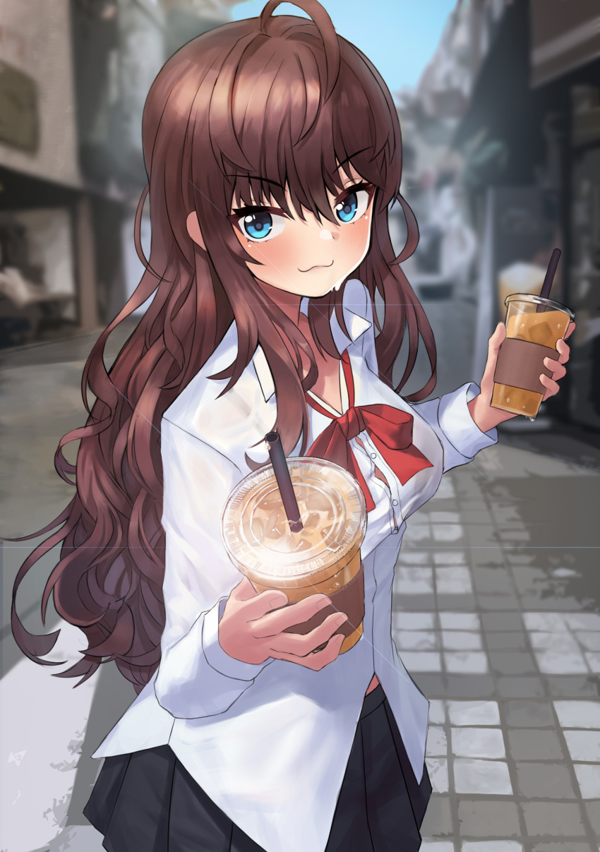 1girl :3 absurdres ahoge bangs black_skirt blue_eyes blurry blurry_background bow bowtie breasts brown_hair collared_shirt cowboy_shot cup disposable_cup dress_shirt drink eyebrows_visible_through_hair giving highres iced_coffee ichinose_shiki idolmaster idolmaster_cinderella_girls long_hair looking_at_viewer medium_breasts onedoo outdoors pleated_skirt red_neckwear school_uniform shirt skirt smile solo sweat uniform wavy_hair white_shirt
