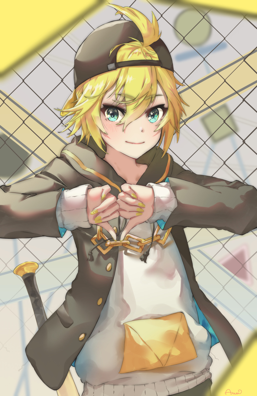 1boy absurdres azusa_(azunyan12) baseball_bat baseball_cap black_hoodie blonde_hair blue_eyes blurry blurry_background blurry_foreground caution_tape chain-link_fence chain_necklace commentary drawstring fence hands_together hat heart heart_hands highres hood hoodie kagamine_len male_focus nail_polish rettou_joutou_(vocaloid) road_sign shirt sign signature smile spiky_hair thumbs_down upper_body vocaloid white_shirt yellow_nails
