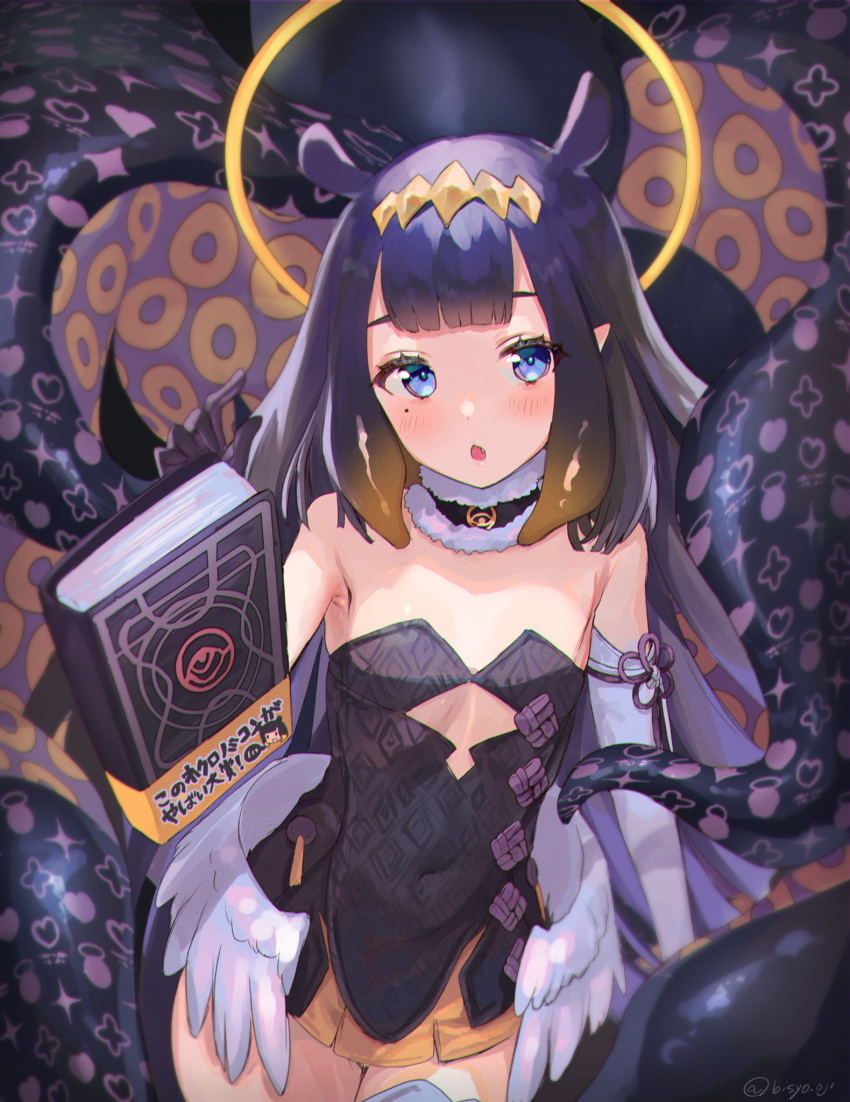 1girl animal_ears blush book breasts commentary_request fang hair_ornament hair_ribbon halo highres hololive hololive_english looking_at_viewer mole mole_under_eye ninomae_ina'nis ribbon saise_chisa small_breasts solo tentacles twitter_username violet_eyes virtual_youtuber