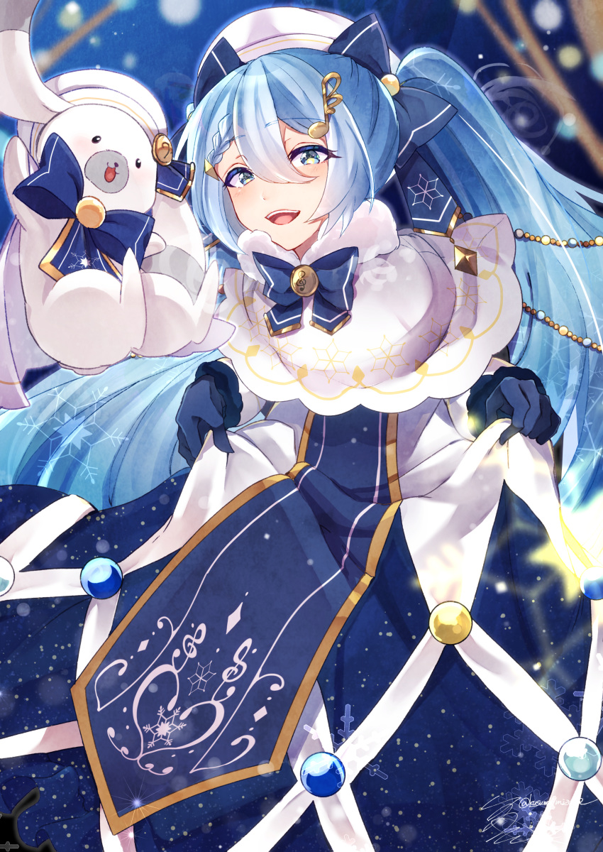 1girl absurdres bass_clef beret blue_bow blue_dress blue_eyes blue_gloves bow bowtie capelet commentary dress feet_out_of_frame fur-trimmed_capelet fur_trim gloves gold_trim hair_bow half-closed_eyes hat hatsune_miku highres kusunokimizuha light_blue_hair long_hair looking_at_viewer musical_note musical_note_hair_ornament open_mouth rabbit rabbit_yukine sixteenth_note skirt_hold smile snowflake_print string_of_light_bulbs treble_clef twintails very_long_hair vocaloid white_capelet white_dress white_headwear yuki_miku yuki_miku_(2021)