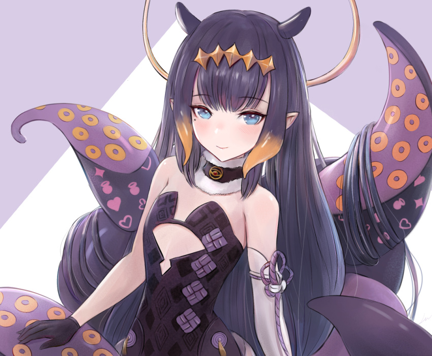 1girl bangs black_dress black_gloves blue_eyes blunt_bangs breasts choker cowboy_shot detached_sleeves dress eyebrows_visible_through_hair fur_trim gloves halo headpiece hololive hololive_english leonmandala long_hair looking_at_viewer mole mole_under_eye ninomae_ina'nis pointy_ears purple_hair sidelocks simple_background single_detached_sleeve small_breasts smile solo strapless strapless_dress tentacles virtual_youtuber