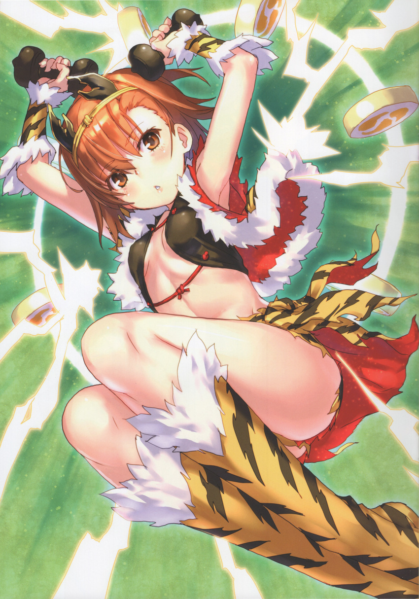 1girl absurdres alternate_costume animal_print armpits arms_up ass bangs biribiri blush boots breasts brown_eyes brown_hair cosplay electricity eyebrows_visible_through_hair fur_trim hair_ornament highres holding huge_filesize knee_boots lightning looking_at_viewer looking_down misaka_mikoto parted_lips raika9 scan shiny shiny_hair shiny_skin simple_background sleeveless small_breasts solo thighs to_aru_kagaku_no_railgun to_aru_majutsu_no_index