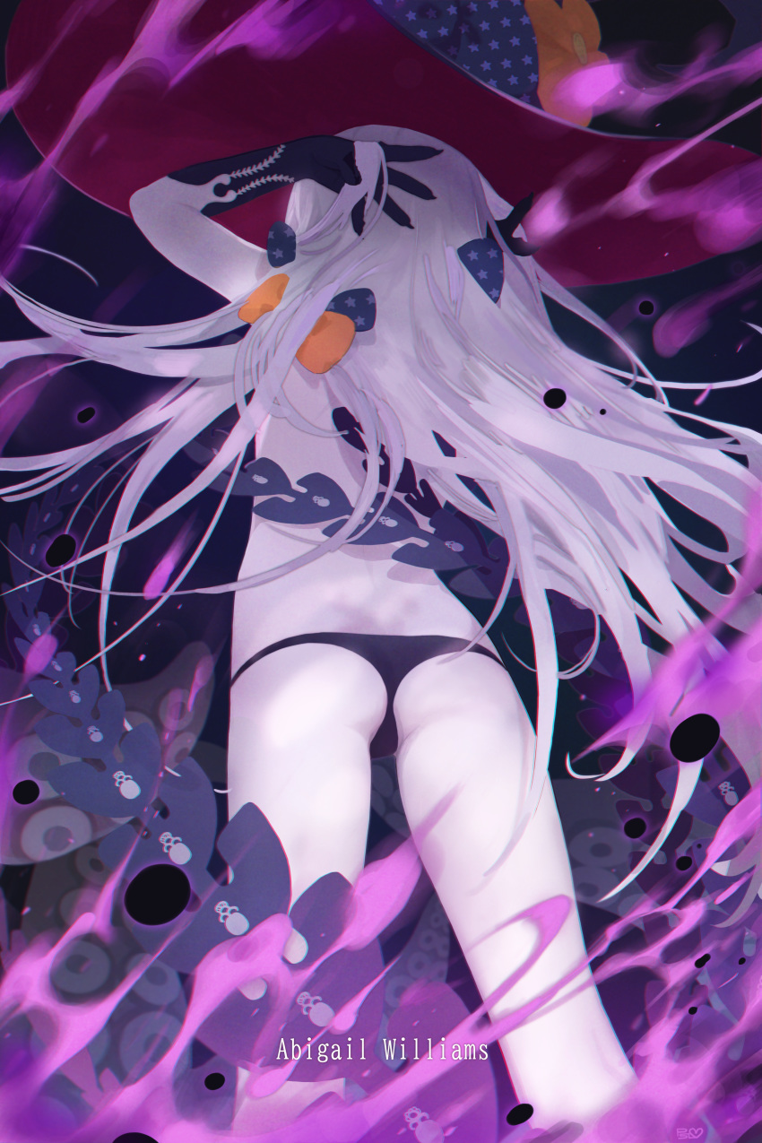 1girl abigail_williams_(fate/grand_order) absurdres ass aura back bangs bare_shoulders black_bow black_headwear black_panties bow breasts character_name fate/grand_order fate_(series) forehead hands_in_hair hat highres long_hair multiple_bows orange_bow panties parted_bangs pumpkinspicelatte skull_print small_breasts solo tentacles underwear white_hair white_skin witch_hat