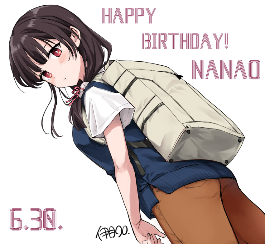 1girl asumi-chan_wa_rezu_fuuzoku_ni_kyoumi_ga_arimasu! backpack bag birthday black_hair blue_sweater blush brown_pants dot_nose from_below from_side hair_ribbon happy_birthday highres itsuki_kuro long_hair looking_at_viewer looking_back looking_down open_mouth pants red_eyes ribbon shirt signature sweater white_background white_shirt