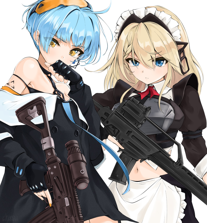 2girls apron assault_rifle bare_shoulders black_jacket black_shirt black_skirt blonde_hair blue_eyes blue_hair breastplate chaesu crop_top frown g36_(girls_frontline) girls_frontline goggles goggles_on_head gun h&amp;k_g36 highres holding holding_gun holding_weapon jacket long_hair looking_at_viewer maid maid_apron maid_headdress midriff multiple_girls navel off_shoulder rifle scope shirt short_hair simple_background skirt strap_slip string_bikini v-shaped_eyebrows waist_apron weapon white_background wing_collar yellow_eyes zas_m21_(girls_frontline) zastava_m21