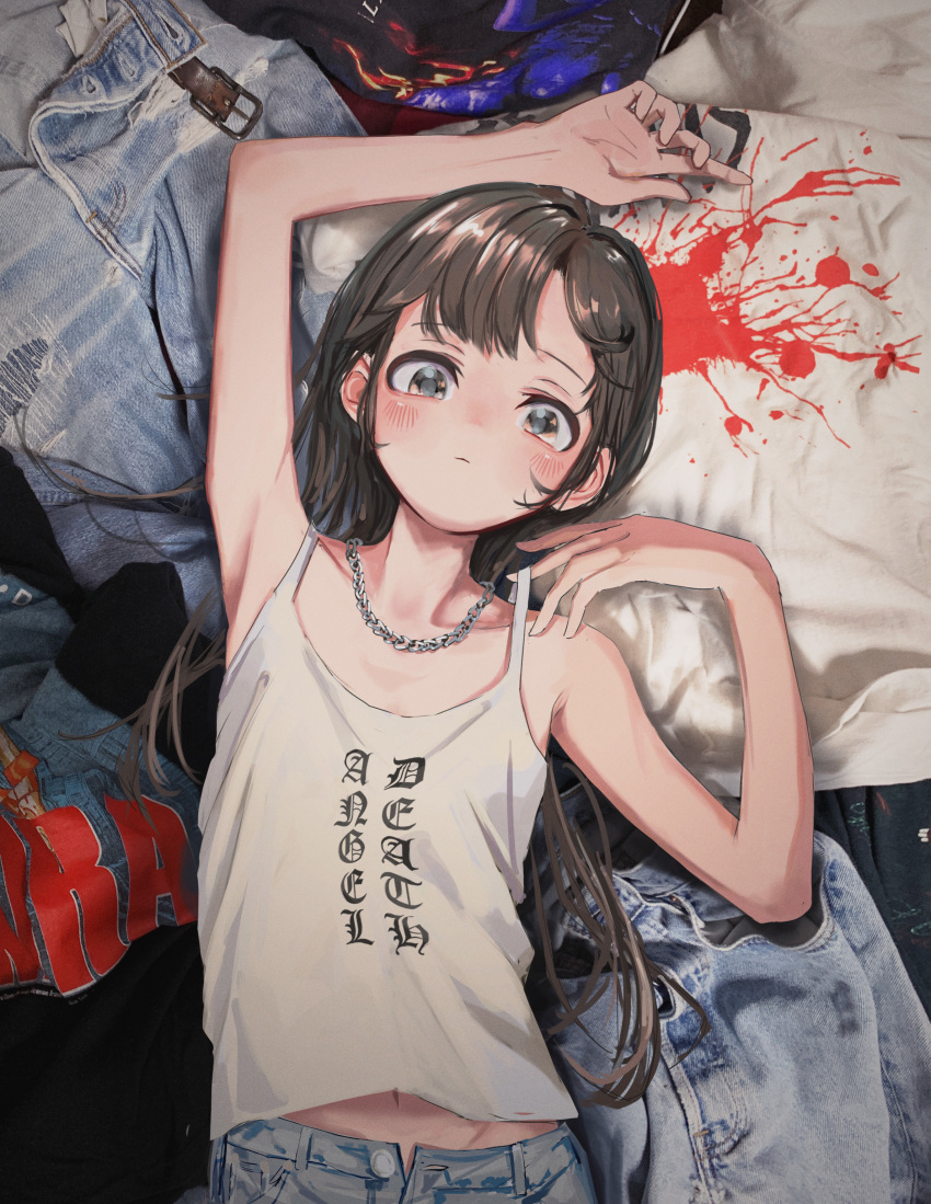 1girl absurdres arm_up bangs brown_eyes brown_hair camisole chain_necklace child denim english_text highres jeans long_hair looking_at_viewer lying nadegata navel on_back open_fly original pants revision solo strap_lift upper_body