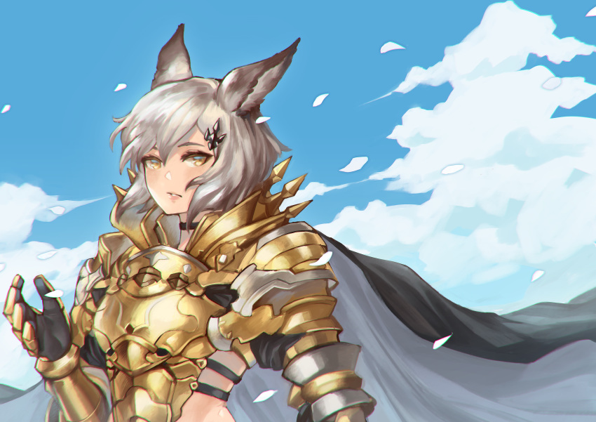 1girl absurdres alliah_istavion animal_ears armor bangs breastplate cape clouds day gauntlets granblue_fantasy green_hair hair_ornament highres hjz_(artemi) huge_filesize leaf looking_at_viewer short_hair shoulder_armor solo upper_body wind yellow_eyes