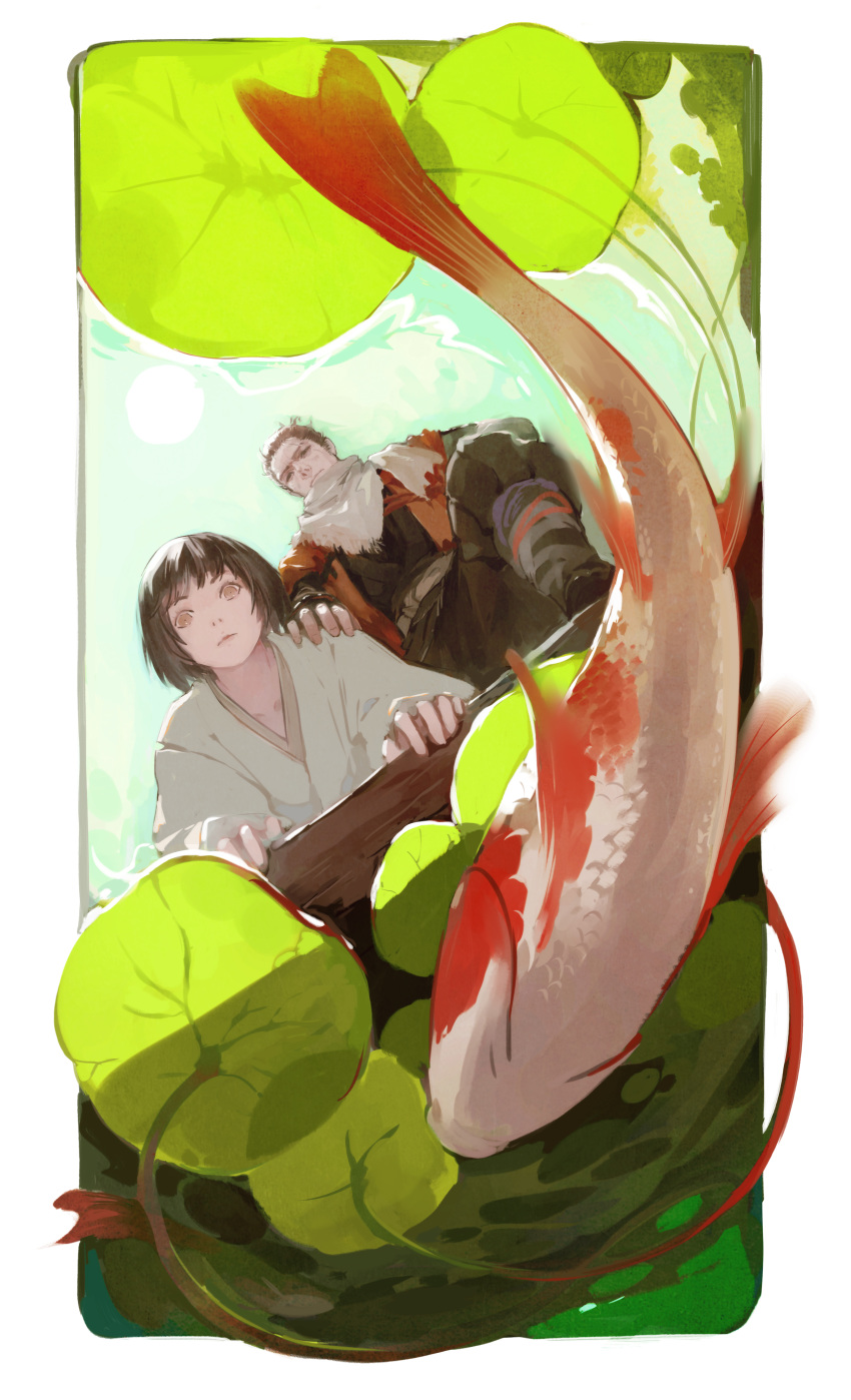 2boys absurdres bangs black_hair black_shirt brown_eyes brown_pants closed_mouth coat collarbone commentary_request fish from_below grey_scarf hand_on_another's_shoulder highres japanese_clothes kimono koi kuro_the_divine_heir lily_pad long_sleeves looking_at_viewer male_focus multiple_boys one_knee orange_coat pants pleated_pants scarf sekiro sekiro:_shadows_die_twice shirt short_hair topknot vetania water white_kimono