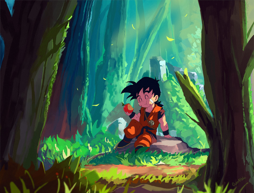 1boy ^_^ arm_support child closed_eyes dougi dragon_ball dragon_ball_z eating english_commentary food forest fruit grass highres holding holding_food holding_fruit male_focus nature ownahole rock sitting solo son_gohan tree