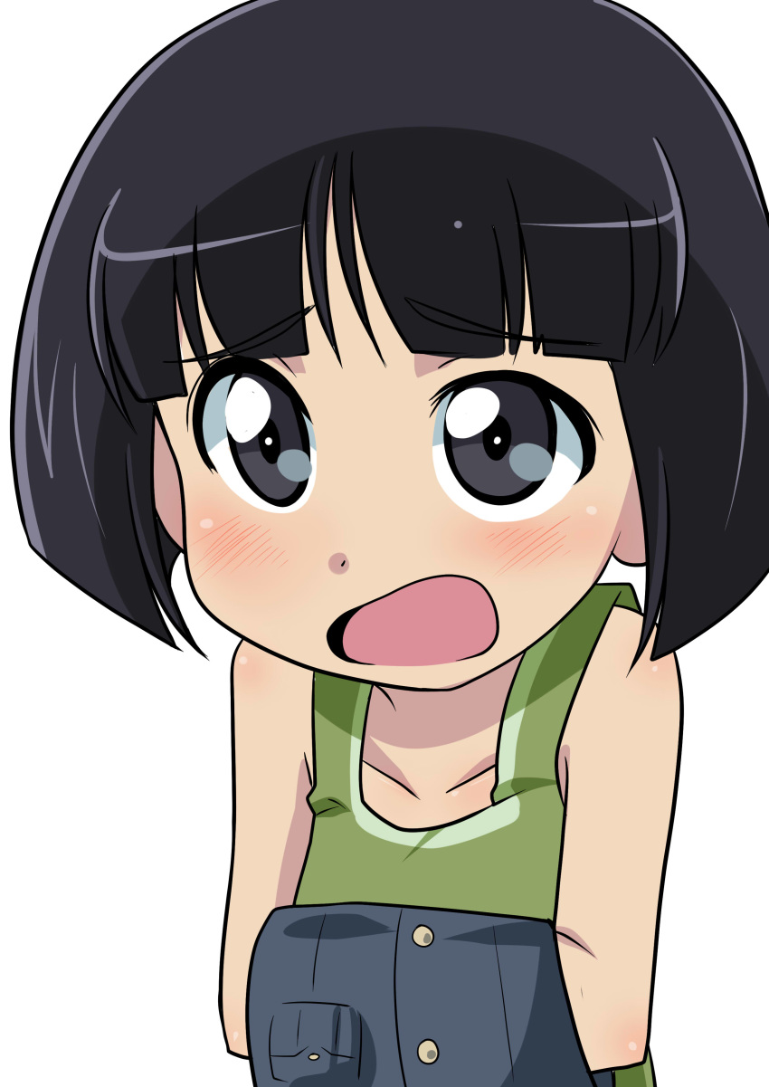 1girl absurdres bangs bare_shoulders black_eyes black_hair blue_jacket blunt_bangs blunt_ends blush bob_cut buttons collarbone embarrassed eyebrows_visible_through_hair girls_und_panzer green_shirt highres holding holding_clothes holding_jacket jacket jacket_removed ooarai_military_uniform open_mouth pocket shirt sono_midoriko tank_top upper_body wakku_kan white_background