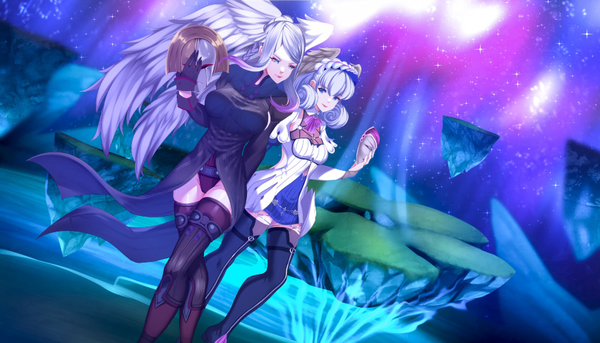 2girls aurora black_legwear braid breasts coattails crown_braid dutch_angle head_wings highres holding holding_mask juliet_sleeves leotard lips long_sleeves mask mask_removed medium_breasts melia_antiqua multiple_girls night night_sky o-ring o-ring_top outdoors puffy_sleeves saito_ryou sidelocks silver_hair sky smile thigh-highs tyrea_(xenoblade) walking xenoblade_chronicles xenoblade_chronicles:_future_connected xenoblade_chronicles_(series)