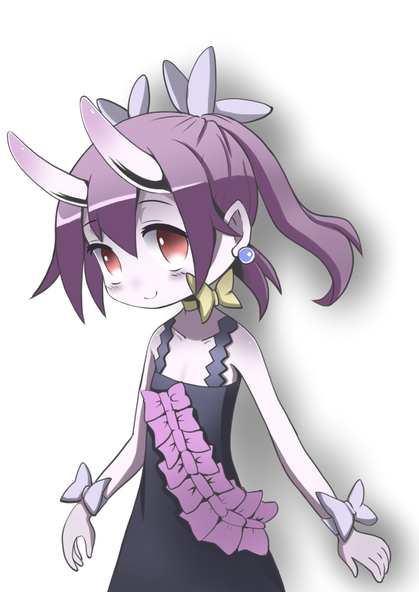 absurdres bangs bare_shoulders bieko black_dress blush bow_choker choker closed_mouth collarbone disgaea disgaea_6 dress earrings flat_chest hair_between_eyes highres horns jewelry looking_at_viewer purple_hair purple_skin red_eyes simple_background skin-covered_horns sleeveless smile toryo_(sinsei2413) twintails upper_body white_background wrist_bow yellow_choker