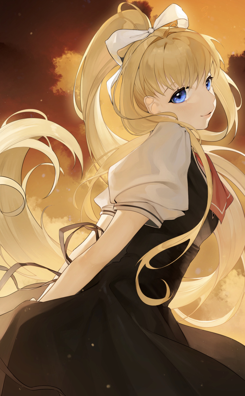 1girl absurdres air arms_behind_back ascot bangs black_dress black_ribbon blonde_hair blue_eyes blush bow clouds cloudy_sky commentary cowboy_shot dress eyelashes floating_hair from_side hair_bow head_tilt high_ponytail highres kamio_misuzu koyo_akio leaning_forward light_particles long_hair looking_at_viewer looking_to_the_side parted_lips pinafore_dress pleated_dress ponytail puffy_short_sleeves puffy_sleeves red_neckwear ribbon school_uniform shiny shiny_hair shirt short_sleeves sidelocks sky sleeveless sleeveless_dress smile solo standing sunset twilight very_long_hair white_bow white_shirt
