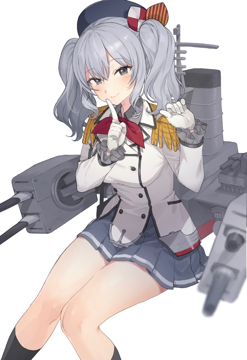 1girl black_legwear blue_eyes buttons cannon commentary_request epaulettes frilled_sleeves frills gloves grey_skirt highres index_finger_raised invisible_chair jacket kantai_collection kashima_(kantai_collection) kneehighs long_sleeves machinery military military_jacket military_uniform miniskirt neckerchief pleated_skirt red_neckwear sidelocks silver_hair simple_background sitting skirt solo turret twintails uniform wavy_hair white_background white_gloves white_jacket ygcn