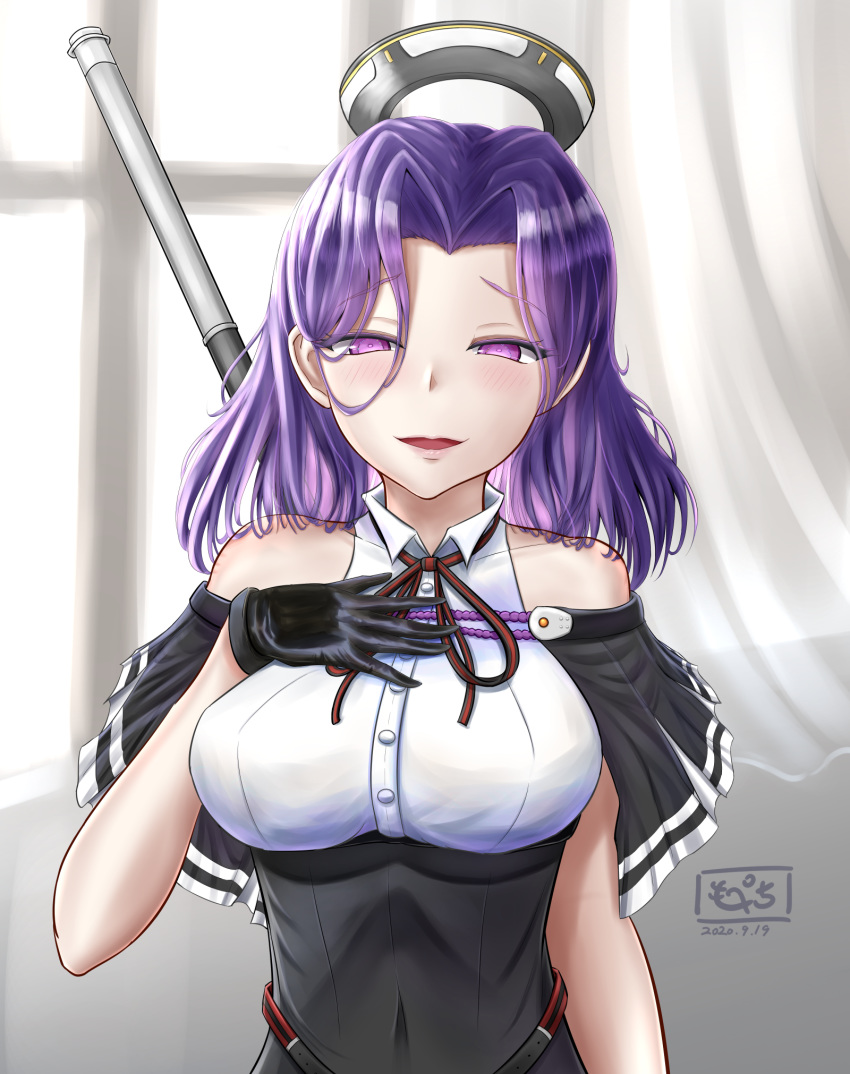 1girl black_capelet black_dress black_gloves breasts capelet dress glaive gloves hair_intakes hand_on_own_chest headgear highres kantai_collection mechanical_halo medium_breasts medium_hair pethimon purple_hair sleeveless sleeveless_dress solo tatsuta_(kantai_collection) upper_body violet_eyes