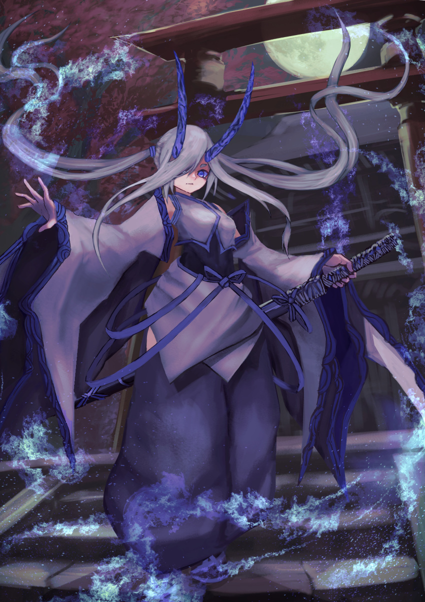 1girl absurdres bare_shoulders blue_eyes blue_fire blue_horns blue_theme closed_mouth detached_sleeves fire grey_hair haikei_(le_gris_no9) hair_over_one_eye highres holding holding_sword holding_weapon horns japanese_clothes katana long_hair moon night night_sky oni oni_horns original outdoors scabbard sheath shrine sky solo stairs standing sword torii tree twintails very_long_hair weapon wide_sleeves