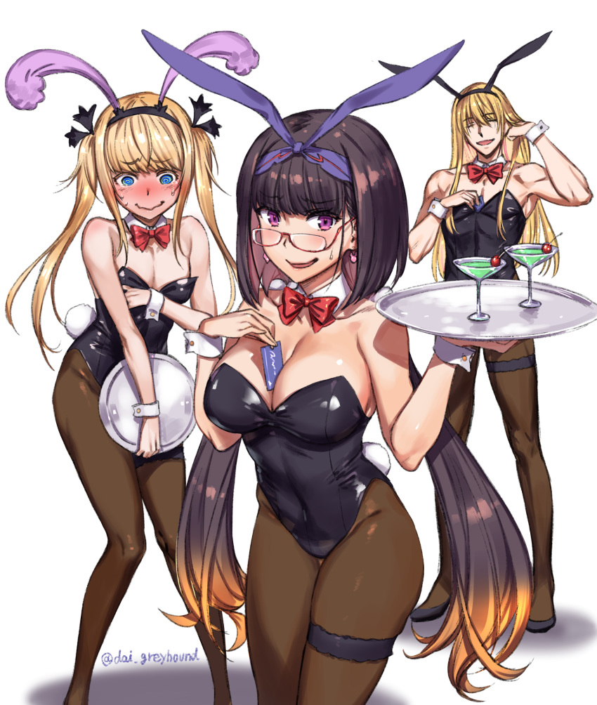1boy 1girl 1other @_@ animal_ears between_breasts blonde_hair blush bow bowtie breasts brown_hair bunny_tail bunnysuit chevalier_d'eon_(fate/grand_order) cocktail_glass cup detached_collar drinking_glass fate/grand_order fate_(series) fionn_mac_cumhaill_(fate/grand_order) glasses highres moriyama_daisuke osakabe-hime_(fate/grand_order) pantyhose rabbit_ears tail tray twintails twitter_username wrist_cuffs